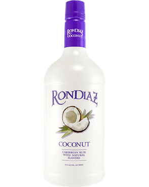 Image of a bottle of Ron Diaz Coconut Rum featuring a sleek design with a white label and purple accents.