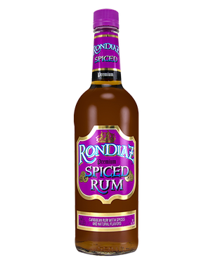 Image of a bottle of Ron Diaz Spiced Rum featuring a sleek design with a purple label and blue accents.