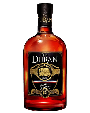 Image of a bottle of Ron Duran Rum featuring a sleek design with a black label and gold and white accents.