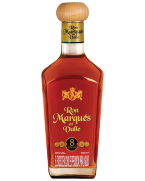 Image of a bottle of Ron Marqués del Valle Rum featuring a sleek design with a clear label and gold accents.