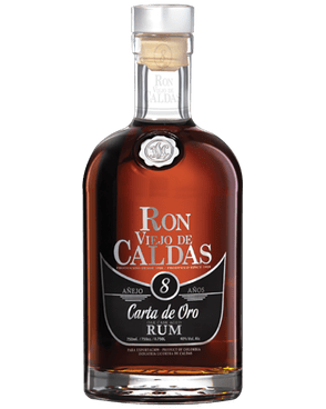 Image of a bottle of Ron Viejo de Caldas 8 Year Rum featuring a sleek design with a black label and silver accents.