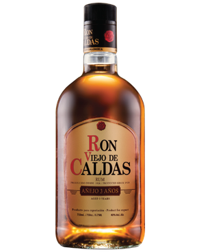 Image of a bottle of Ron Viejo de Caldas 3 Year Rum featuring a sleek design with a bronze label and red and black accents.