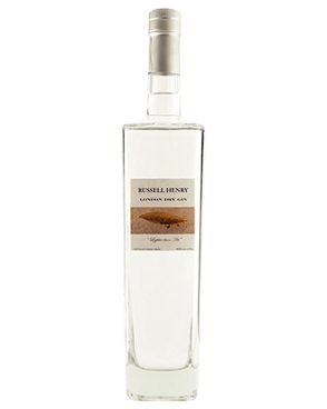 Image of a bottle of Russell Henry Gin featuring a sleek design with a tan label and black accents.