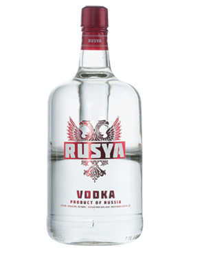 Image of a bottle of Rusya Vodka featuring a sleek design with a clear label and red accents.