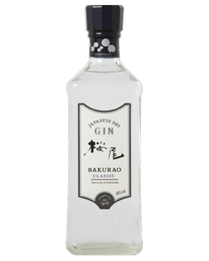 Image of a bottle of Sakurao Classic Gin featuring a sleek design with a white label and black accents.