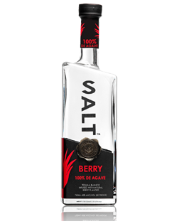 Image of a bottle of SALT Berry Tequila, featuring an abstract design with a black label and red accents.