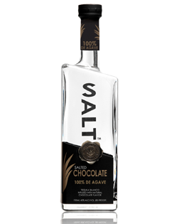 Image of a bottle of SALT Chocolate Tequila, featuring an abstract design with a black label and brown accents.