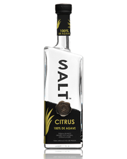 Image of a bottle of SALT Citrus Tequila, featuring an abstract design with a black label and green accents.