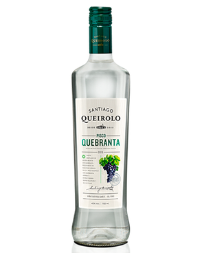 Image of a bottle of Santiago Queirolo Quebranta Rum featuring a sleek design with a white label and black and green accents.