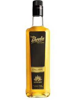 Image of a bottle of Sheela Reposado Tequila featuring a slick design with a black label and gold accents.