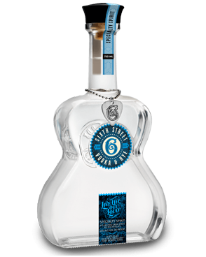 Image of a guitar shaped bottle of Sixth Street Vodka featuring a sleek design with a blue label and white accents.