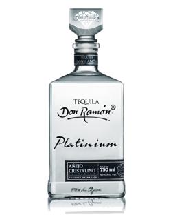 Image of a bottle of Don Ramón Platinum Cristalino Añejo Tequila featuring a slick design with a clear label and black accents.