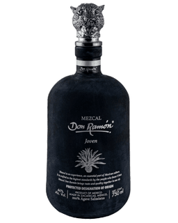 Image of a black bottle of Don Ramón Joven Mezcal featuring a sleek design with a clear label and silver accents.