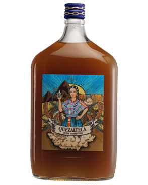 Image of a bottle of Quezalteca Tamarindo Rum featuring a sleek design with a colorful label with blue, pink, yellow, brown, red, and white. It also features a woman holding a bottle.