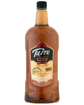 Image of a bottle of Tarro Gold Rum featuring a sleek design with a black and tan label and white and black accents.