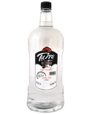 Image of a bottle of Tarro Platinum Rum featuring a sleek design with a black and white label and white and black accents.