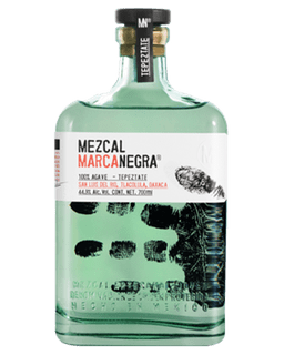 Image of a bottle of Marca Negra Tepeztate Mezcal featuring a sleek design with a white label and black and red accents.