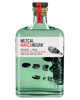 Image of a bottle of Marca Negra Tobalá Mezcal featuring a sleek design with a white label and black and red accents.