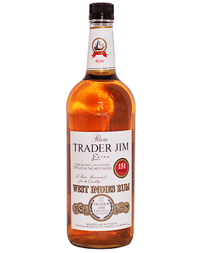 Image of a bottle of Trader Jim Rum featuring a sleek design with a white label and black and gold accents.