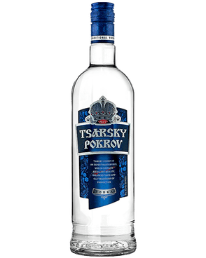 Image of a bottle of Tsarsky Pokrov Vodka featuring a sleek design with a royal blue label and silver accents.