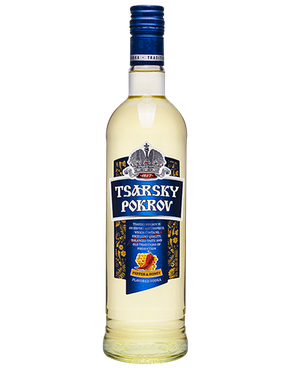 Image of a bottle of Tsarsky Pokrov Spicy Vodka featuring a sleek design with a royal blue and gold label and white accents.