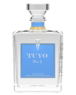 Image of a bottle of TUYO Blanco Tequila, featuring a sleek design with a blue label and silver accents.