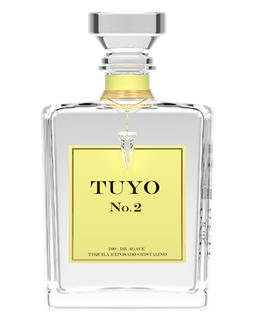 Image of a bottle of TUYO Reposado Tequila, featuring a sleek design with a yellow label and black accents.