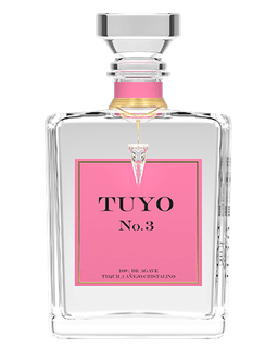 Image of a bottle of TUYO Anejo Tequila, featuring a sleek design with a pink label and black accents.