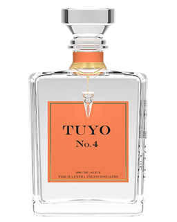 Image of a bottle of TUYO Extra Anejo Tequila, featuring a sleek design with an orange label and black accents.