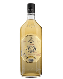 Image of a bottle of Viuda de Romero Reposado Tequila, featuring a sleek design with a gold label and black accents.