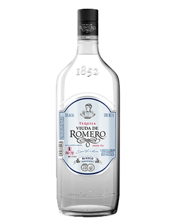 Image of a bottle of Viuda de Romero Blanco Tequila, featuring a sleek design with a light blue label and black accents.