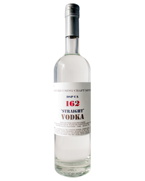 Image of a bottle of DSP CA 162 "Straight" Vodka featuring a sleek design with a white label and red, blue, brown, and black accents.