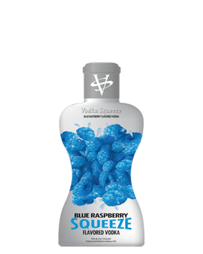 Image of a bottle of Vodka Squeeze Blue Raspberry Vodka featuring a sleek design with a blue raspberry cluster label and black and blue accents.