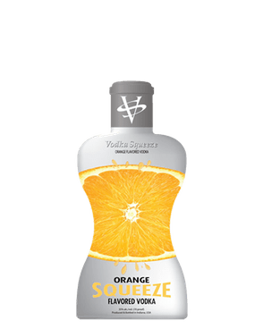 Image of a bottle of Vodka Squeeze Orange Vodka featuring a sleek design with an orange label and black and orange accents.