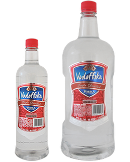 Image of a 2 bottles of Vodoffska Vodka, one small and one larger, featuring a sleek design with a red label and blue and bronze accents.