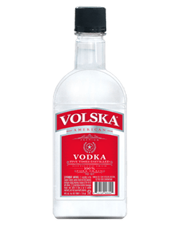 Image of a bottle of Volska Vodka featuring a sleek design with a red label and white accents.