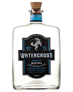 Image of a bottle of Watercross Sotol Cristalino Mezcal featuring a sleek design with a black label and white and blue accents.