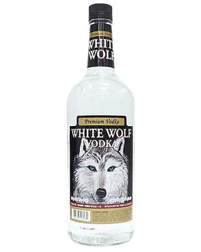 Image of a bottle of White Wolf Vodka featuring a sleek design with a black label with a grey and white wolf and white and gold accents.