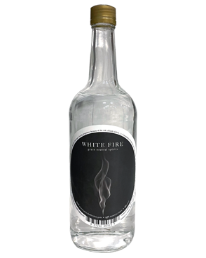 Image of a bottle of White Fire Vodka featuring a sleek design with a black label and white accents.