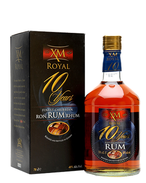 Image of a bottle of XM Royal 10 Years Rum featuring a sleek design with a dark blue label and gold accents.