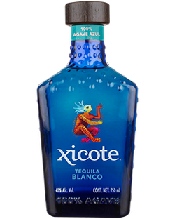 Image of a bottle of Xicote Blanco Tequila, featuring a sleek design with a blue label and white and lighter blue accents.