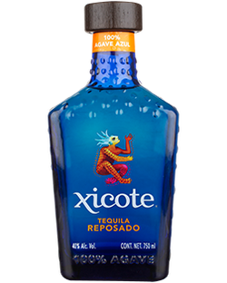 Image of a bottle of Xicote Reposado Tequila, featuring a sleek design with a blue label and white and orange accents.