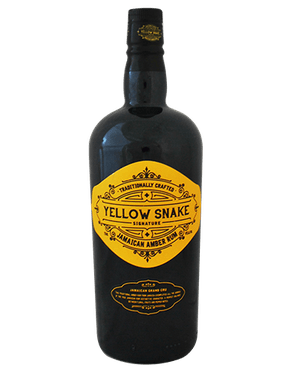 Image of a black bottle of Island Signature Yellow Snake Rum featuring a sleek design with a yellow label and black accents.