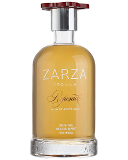 Image of a bottle of Zarza Reposado Tequila, featuring a sleek design with a clear label and silver accents.