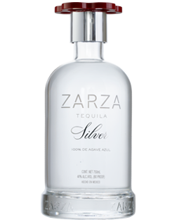 Image of a bottle of Zarza Silver Tequila, featuring a sleek design with a clear label and silver accents.