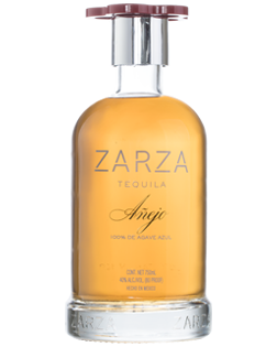 Image of a bottle of Zarza Añejo Tequila, featuring a sleek design with a clear label and silver accents.