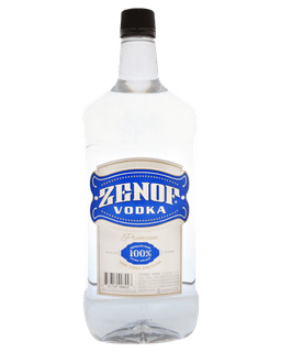 Image of a bottle of Zenof Vodka featuring a sleek design with a tan label and blue accents.