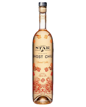 Image of a bottle of American Star Ghost Chili Vodka featuring a sleek design with a light orange label and black and red accents.