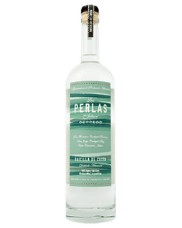 Image of a bottle of Las Perlas Raicilla de Costa Mezcal featuring a sleek design with a teal label and white accents.