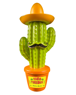 Image of a bottle of Taco Tuesday Blanco Tequila in the shape of a cactus featuring colors of red, green, yellow, and brown.